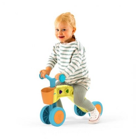 Chillafish ItsiBitsi Blocks ride-on with storage basket and play blocks that fit in frame, yellow light blue