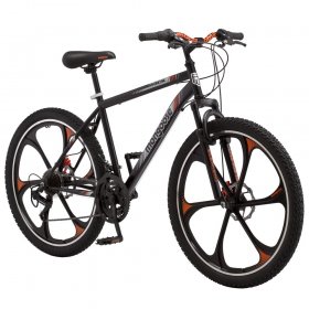 Mongoose Mack Mag Wheel Mountain Bike, 26" Wheels, 21 Speeds Shimano Revo Twist Shifters, Men's Frame, Orange & White On Black