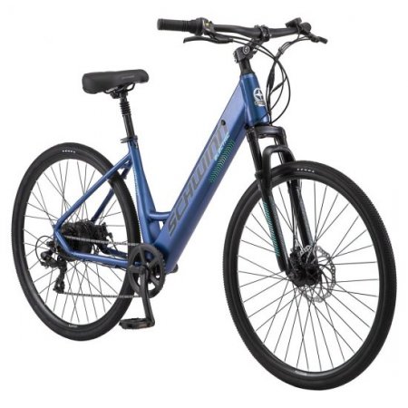 Schwinn 700C Wanderlust Electric Hybrid Bike, 250W, 20MPH, 30+ Miles, Throttle, Blue